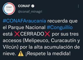Parque Nacional Conguillío cerrado por acumulación de nieve